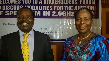 (L-r): Lanre Ajayi, president, Association of Telecommunication Companies of Nigeria (ATCON), and   Mrs. Biodun Christine Olujimi, member of the Board (NCC), at NCC Stakeholders’ Forum in Lagos on Thursday.